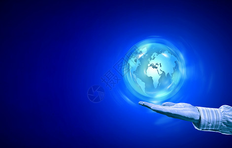 数字世界人手数字地球行星手掌上的蓝色背景背景图片