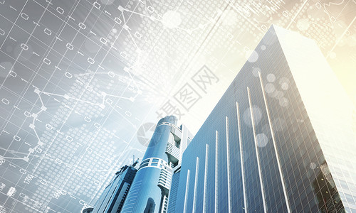 创业板创新高商业中心高摩天大楼底部视图的数字图像设计图片