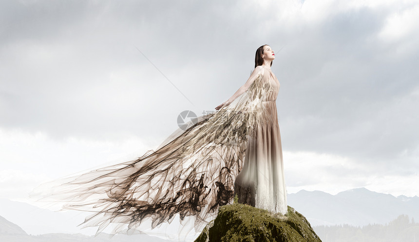 穿裙子的天女孩天翅膀的迷人女人天空的背景上图片