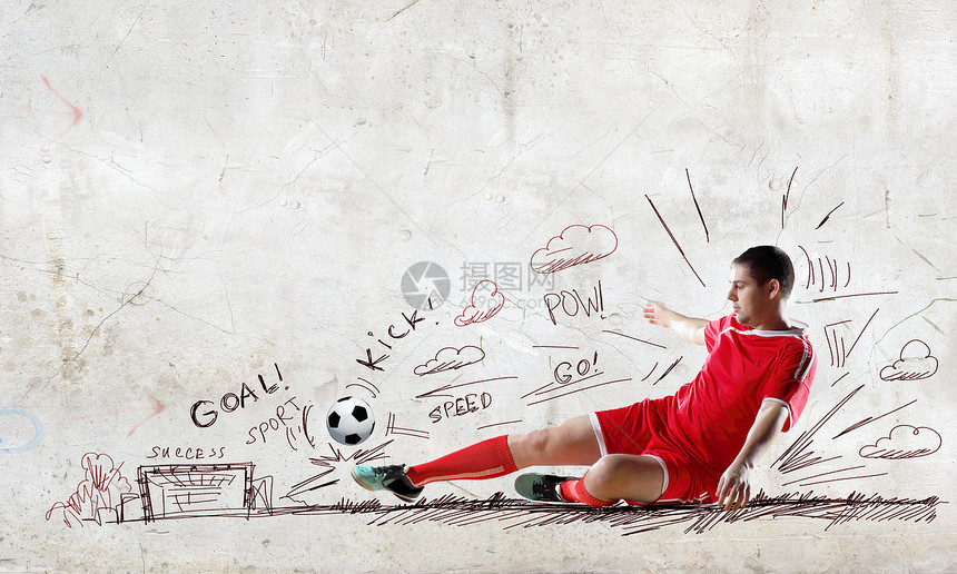 足球比赛足球运动员跳跃与草图背景图片