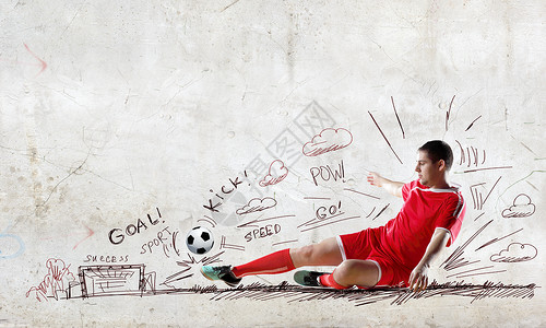 足球比赛足球运动员跳跃与草图背景图片