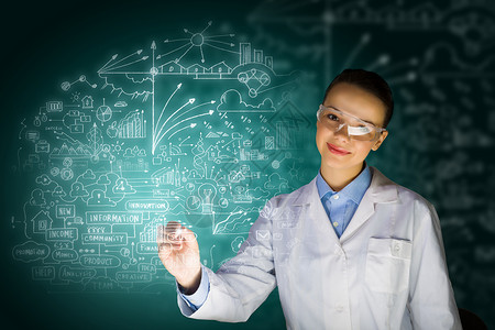 轻的研究员医学统绘图化学公式的轻女研究员图片