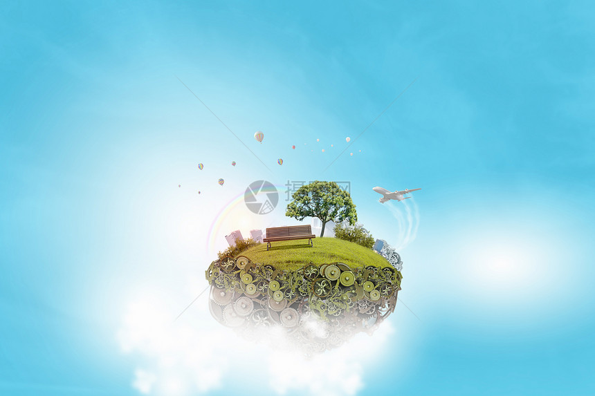 绿色生活理念绿色岛屿的齿轮漂浮天空生态图片