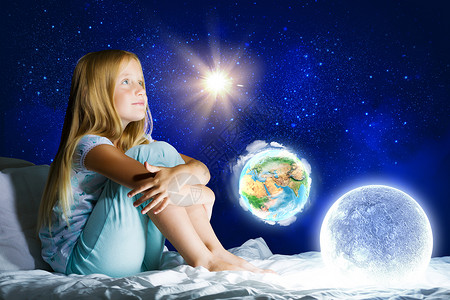 晚安女孩坐床上梦这幅图像的元素由美国宇航局提供的背景图片