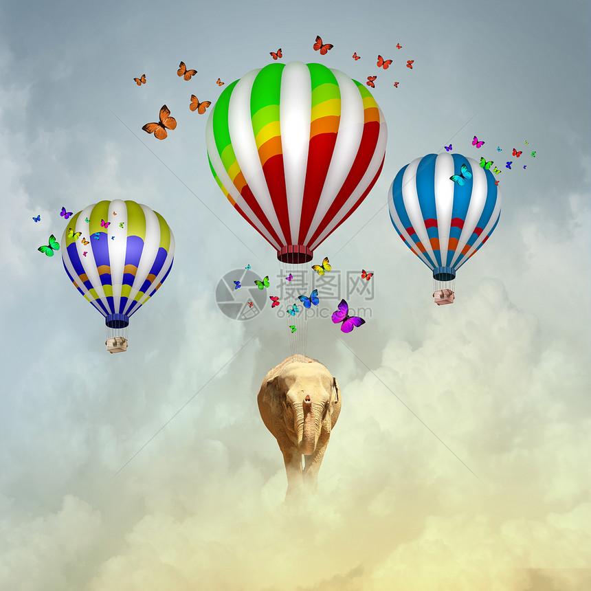 会飞的大象大象五颜六色的飞机上天空中飞翔图片