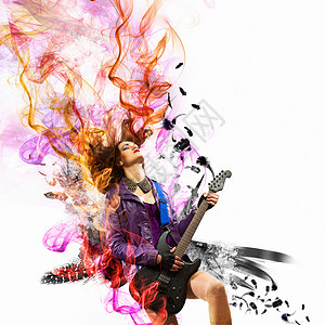 滚热情的女孩黑色的翅膀轻迷人的滚女孩弹电吉他背景图片