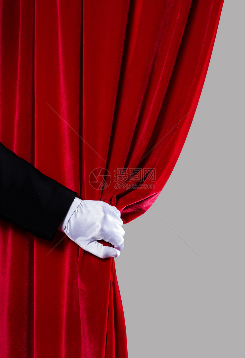 红色窗帘用白色手套合上手,打开窗帘文字的位置图片