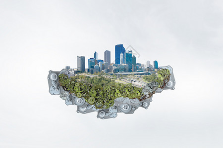 现代城市岛屿绿色城市的齿轮漂浮天空图片