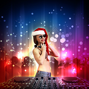 女DJ诞服装轻的黑发女人诞节戴着耳机图片