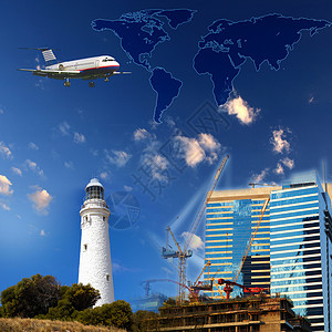 钱澳湾灯塔商业拼贴与财务图表灯塔的背景背景