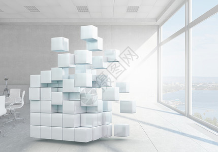 现代办公室的立方体白色办公室内部与三维立方体图片