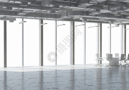 白色办公室内部优雅的办公室内部三维与全景窗口图片