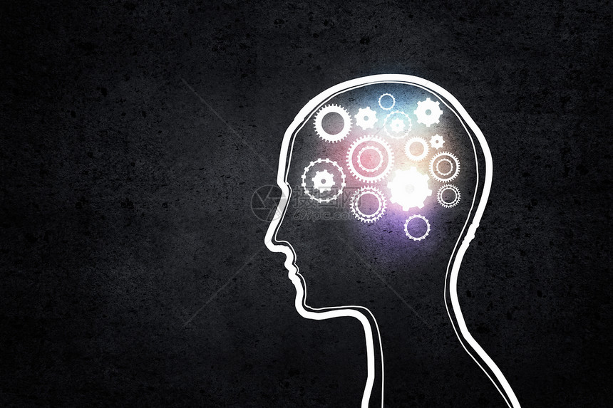 思维机制用齿轮机构代替大脑的人头轮廓图片