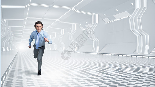 男人虚拟房间里跑步轻的商人未来的隧道里跑步图片