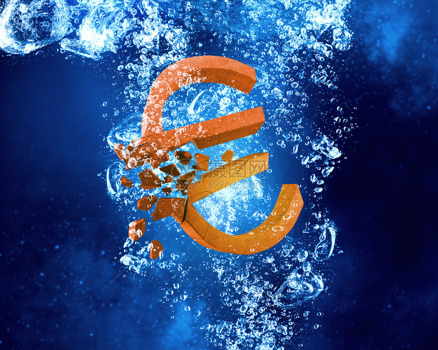 欧元水下欧元标志清澈的蓝色水中下沉图片