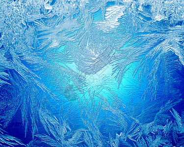 窗户上的冰花蓝色霜冻冬季背景白色雪花图片