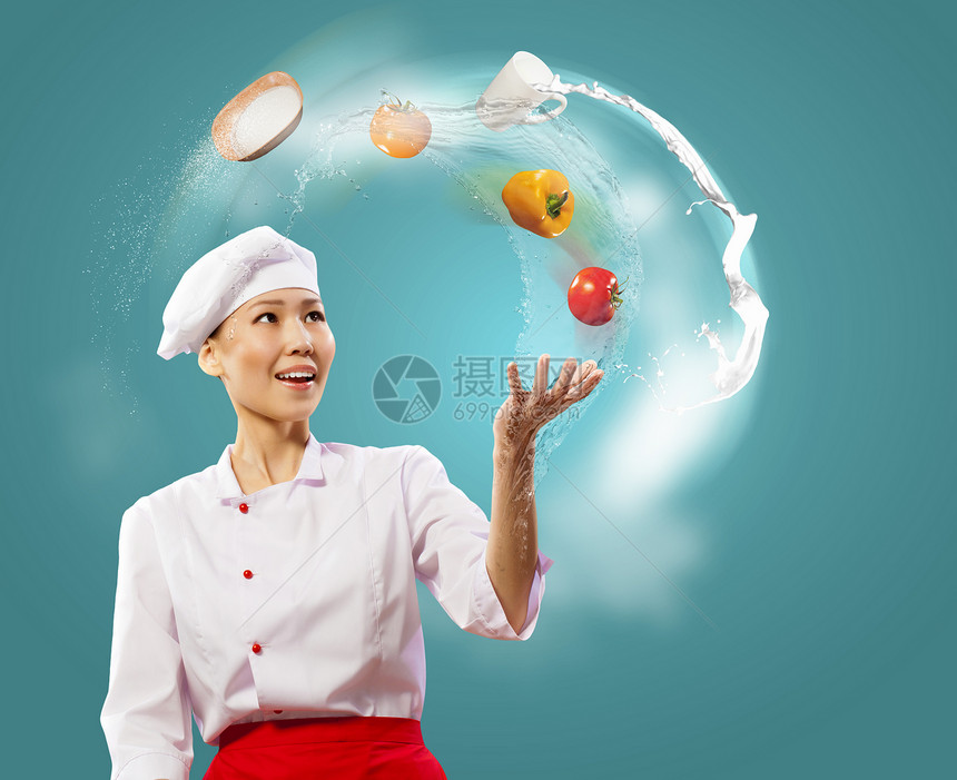 变戏法的女厨师杂耍女亚洲厨师的颜色背景图片