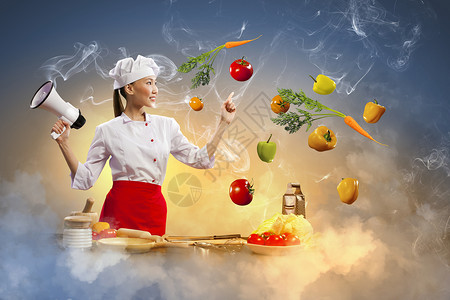 亚洲女厨师着扩音器亚洲女厨师着扩音器蔬菜空中飞行图片