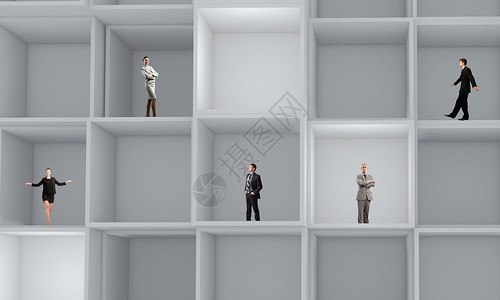 商业队商业人士站立方体中的微型模型背景图片