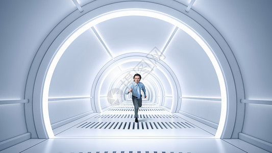 人虚拟房间中运行轻的商人未来的3D隧道里跑步图片