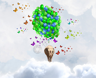 会飞的大象大象堆五颜六色的气球上天空中飞翔图片