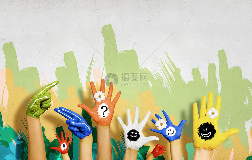丰富多彩的生活人类的手五颜六色的油漆中符号图片