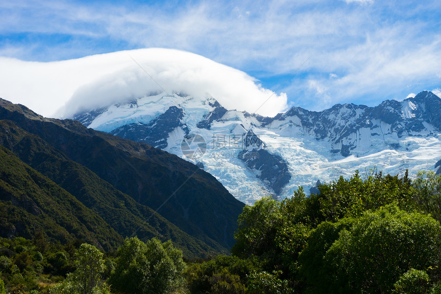风景如画新西兰阿尔卑斯山冰川的自然景观图片