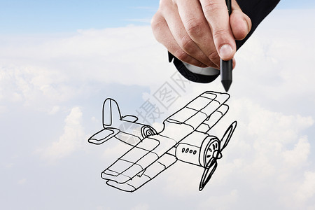 双平素描人天空背景上手绘旧飞机图片
