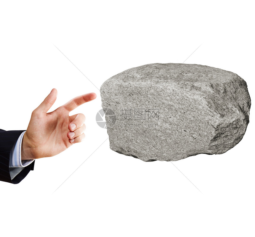 人类的力量力量穿西装的商人指着巨大的石头图片