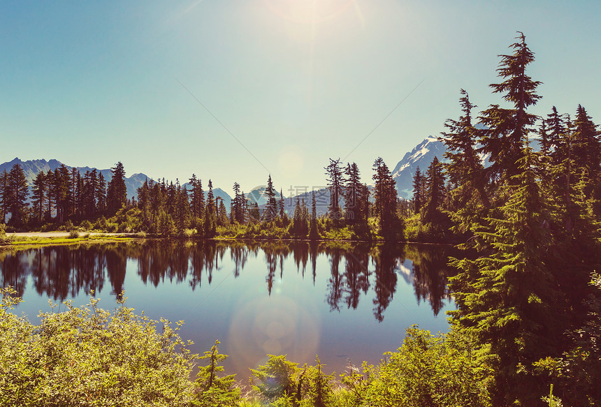 风景图片湖与山树山倒影华盛顿,美国图片