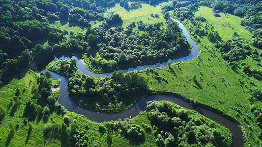 田野树木河流的顶部景色图片