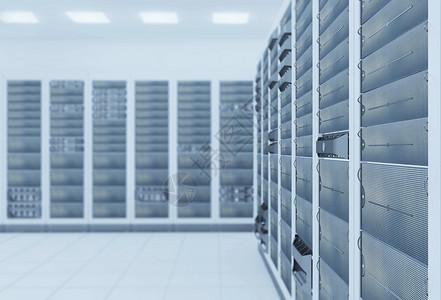 计算机网络服务器机房3D渲染代表互联网托管公司数据中心的图片
