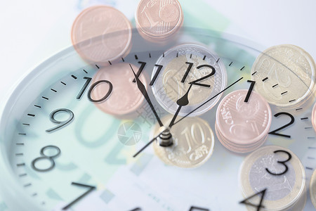 时间,商业,赚钱金融时钟欧元硬币纸币双重曝光效应图片