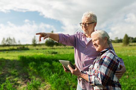 农业,园艺,农业人的快乐的老夫妇与平板电脑电脑夏季农场图片