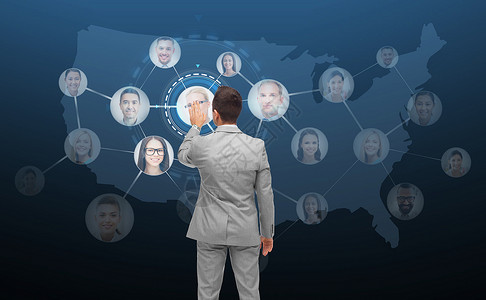 商业,人,沟通,合作技术商人触摸虚拟屏幕与联系人图标美国美国深蓝色的背景图片