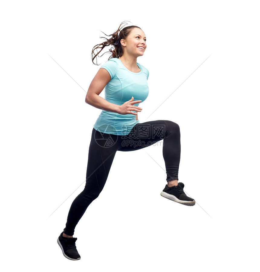 运动,健身,运动人的快乐的微笑轻女人空中跳过白色的背景图片
