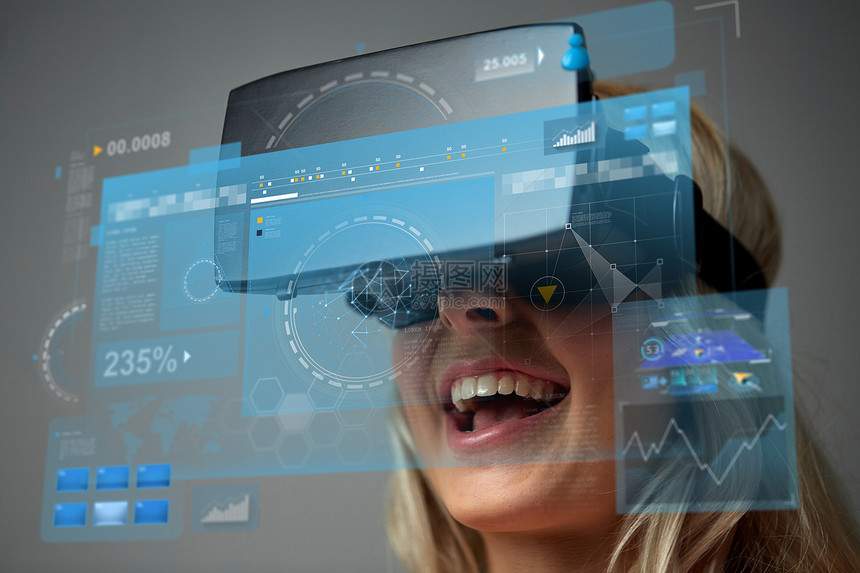 技术增强现实娱乐活动人的用虚拟耳机3D眼镜屏幕投影来接近轻女虚拟现实耳机中女人图片
