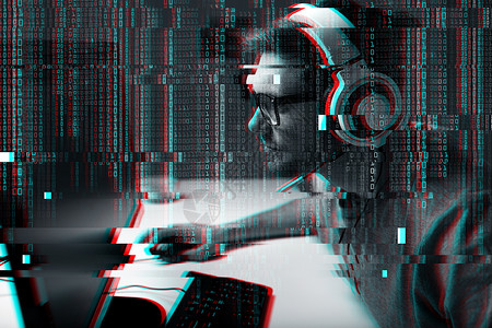 计算机故障技术,游戏,娱乐活动人的轻人耳机眼镜与个人电脑玩游戏家里流媒体播放演练视频故障效果戴耳机的男人家玩电脑背景