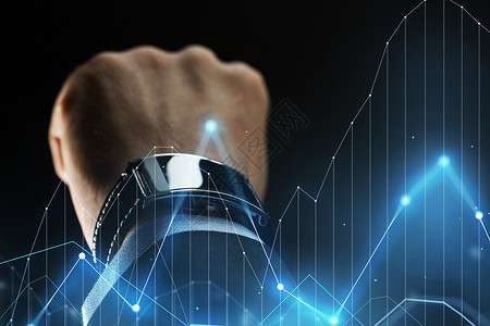 商业,人技术商人的手与智能手表图表虚拟投影黑色背景用智能手表商人的手图片