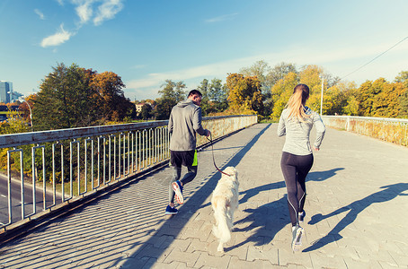 健身,运动,人慢跑的密切夫妇与狗户外跑步亲密的情侣狗户外跑步图片
