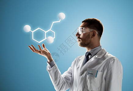 分子式素材科学,化学,生物学,医学人的男医生科学家穿着白色外套安全眼镜,分子式投影蓝色背景上分子式安全眼镜科学家背景