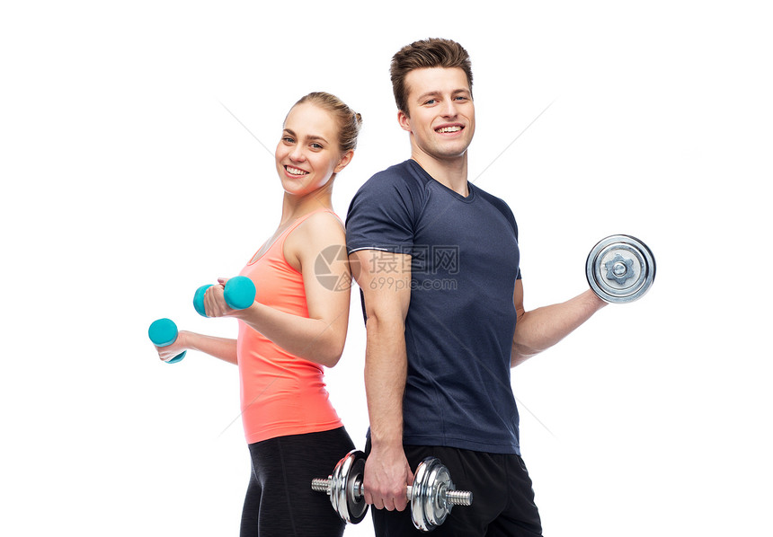 运动,健身,生活方式人们的快乐运动的男人女人哑铃弯曲肌肉哑铃的男男女女图片