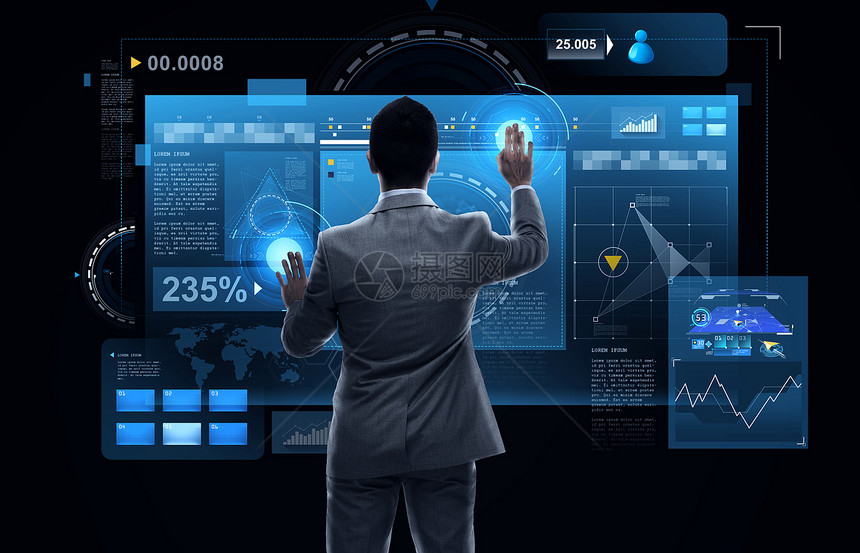商业,人,大数据技术商人工作的虚拟现实屏幕背后的黑色背景商人用虚拟现实屏幕图片