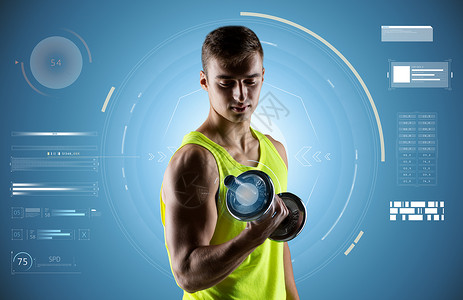 运动,健身,健美,技术人的轻人哑铃弯曲肌肉蓝色背景轻人用哑铃锻炼图片