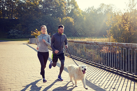 健身,运动,人慢跑的快乐的夫妇与狗户外跑步快乐的狗户外跑步图片