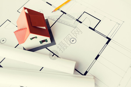 建筑建筑建筑房地产家居蓝图上特写居住房屋模型建筑蓝图上的房屋模型图片