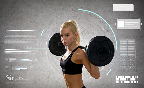 运动,健身人的轻的运动女运动与杠铃灰色背景轻的运动女人用杠铃锻炼背景图片