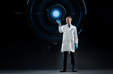 科学,未来技术人的医生科学家穿白色外套黑色背景与虚拟投影虚拟投影的医生科学家背景图片