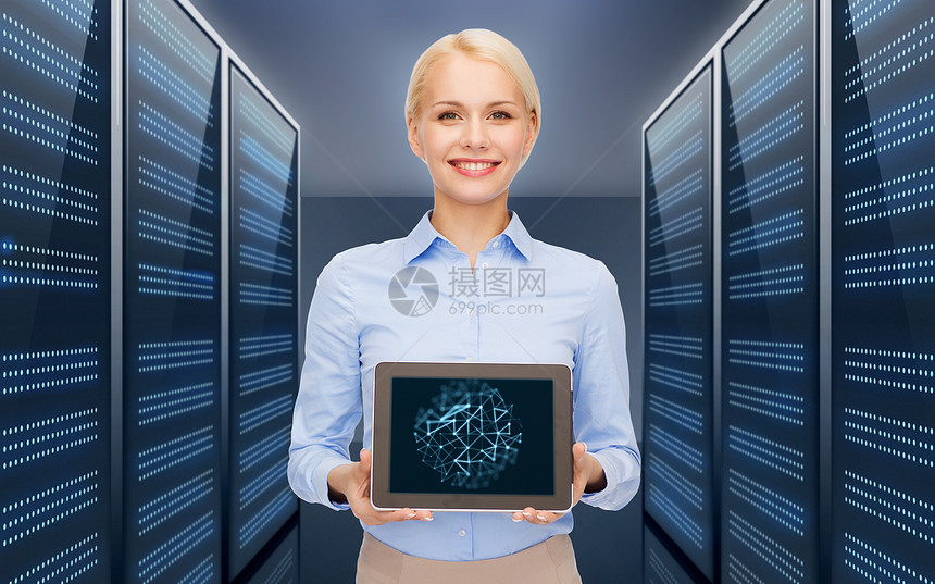 商业,人技术快乐微笑的女商人持平板电脑未来的服务器室背景女商人带着平板电脑服务器机房上空图片