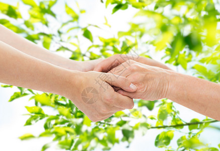 龄,护理支持密切老妇女轻妇女牵手绿色自然背景亲密的老人轻的女人牵手图片